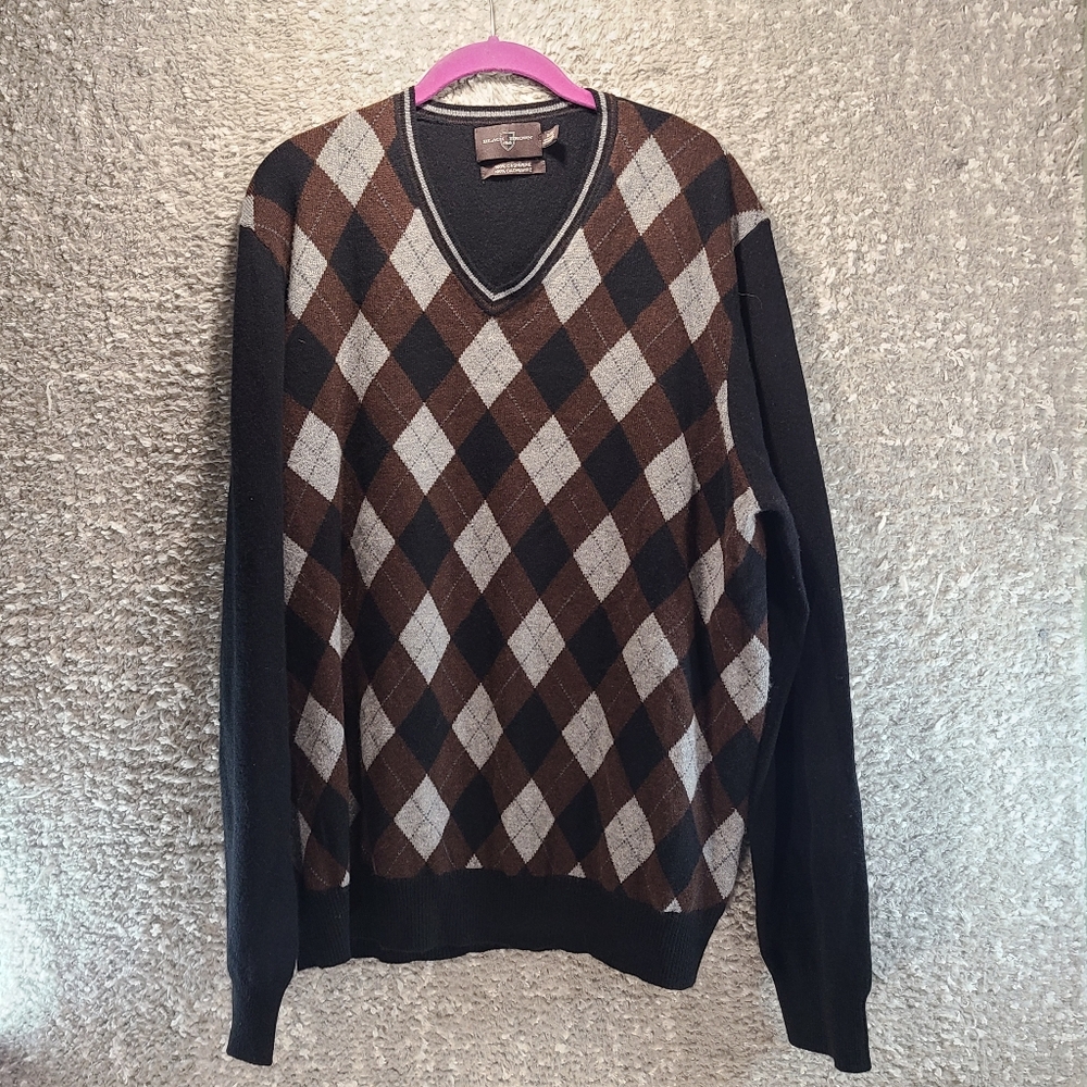 Black Brown Cashmere Argyle Geometric Sweater Men Xl V-Neck Long Sleeve